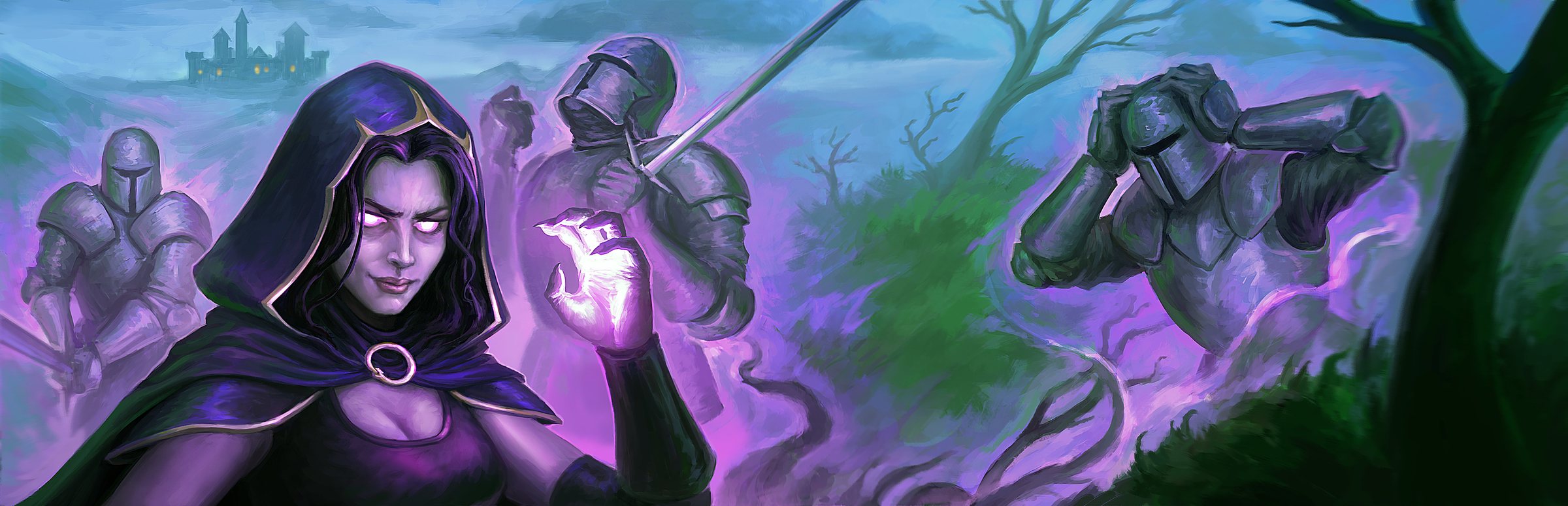 Azmar Quest key art: a hooded witch channeling magic while armored knights close in
