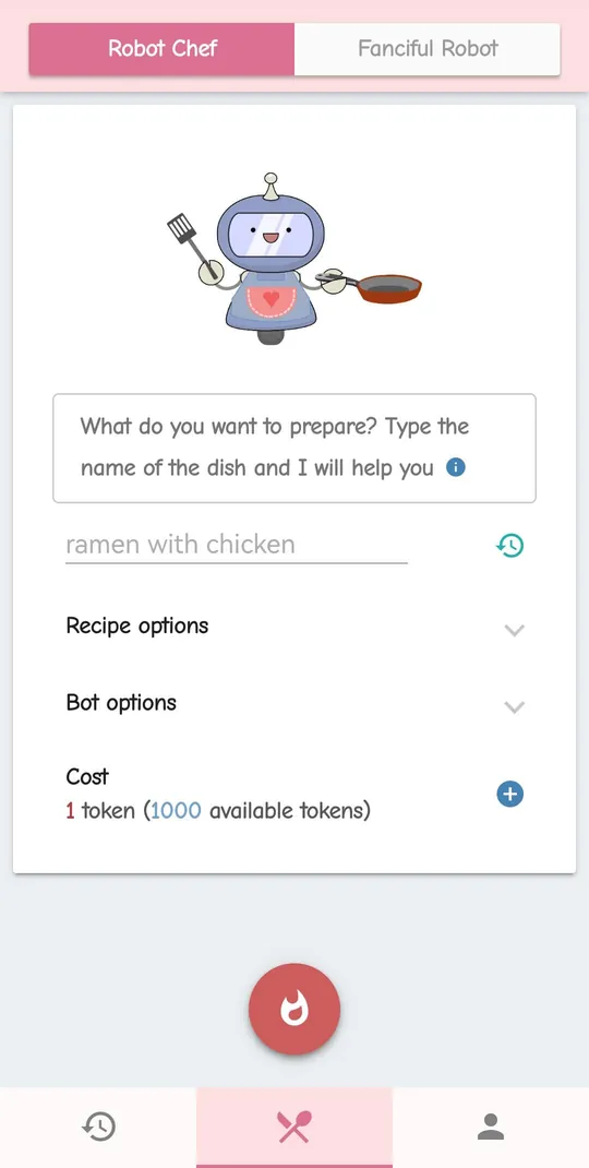 The Robot Chef screen: the robot holds a spatula and a pan above the field for the dish name, with ramen with chicken as the example, followed by Recipe options, Bot options and a cost of 1 token.