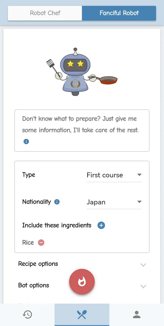 The Fanciful Robot screen: Type is set to First course, Nationality to Japan, and rice is added to the ingredients to include.