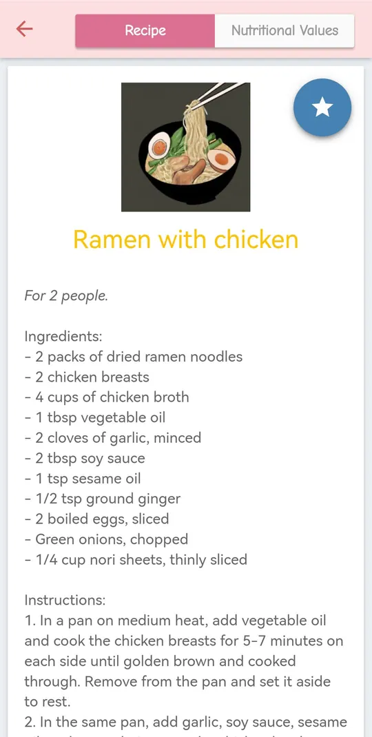 A recipe for ramen with chicken for 2 people: an AI image of the bowl, the list of ingredients and the numbered instructions, with a Nutritional Values tab and a favorite star.