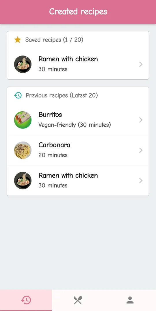 The Created recipes screen: ramen with chicken among the saved recipes, and burritos (vegan-friendly), carbonara and ramen with chicken among the previous recipes, each with its preparation time.
